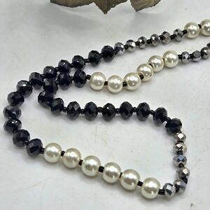 "5/$25" Black/Silver Glass Faux Pearl Bead Long Adjustable Necklace